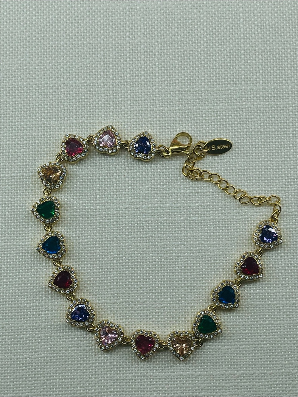 Stainless steel Gold-Tone Multi-Color Heart Crystal Bracelet
